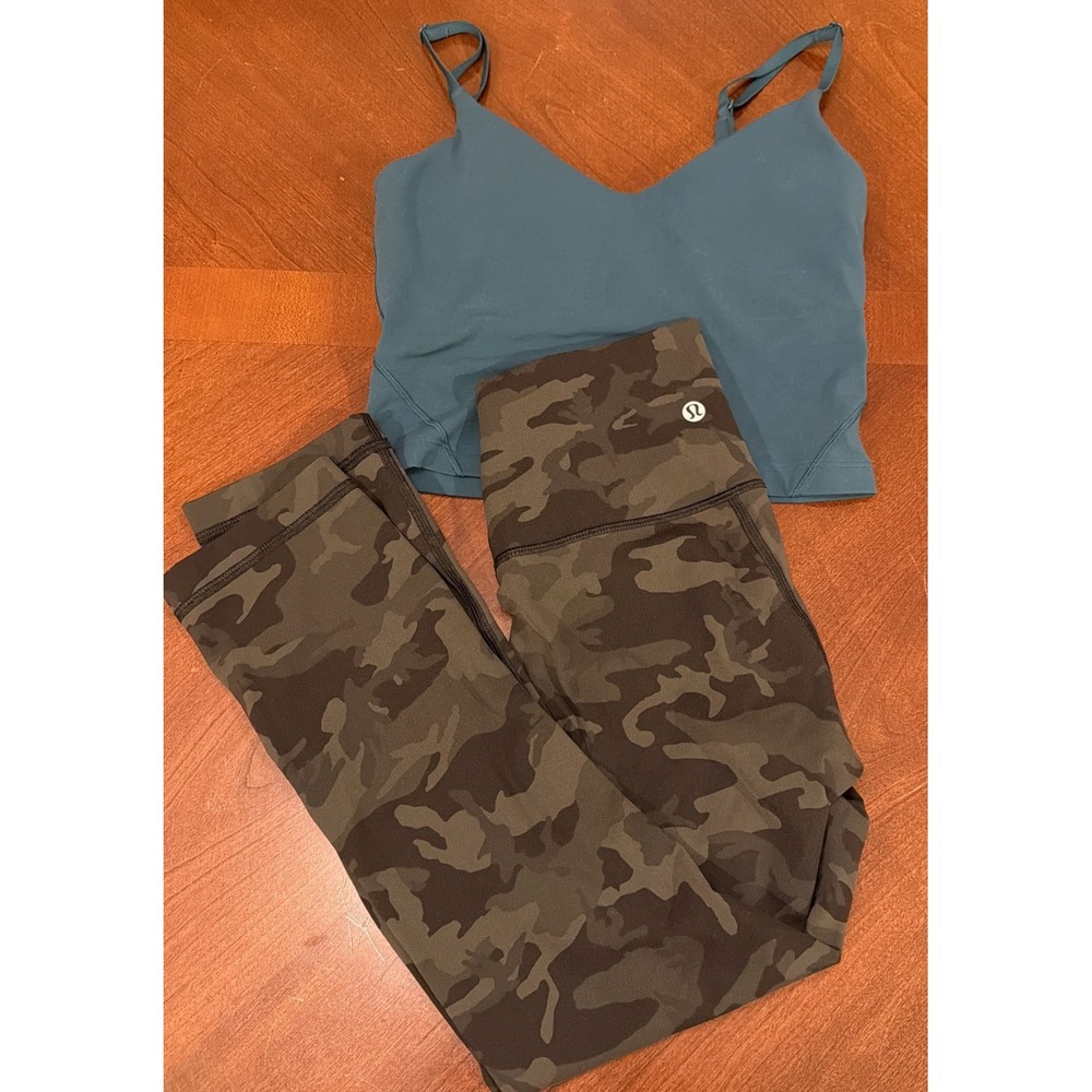 Lululemon Lot Of 2 Camo Leggings &  Blue Tank Top Bra Size 2